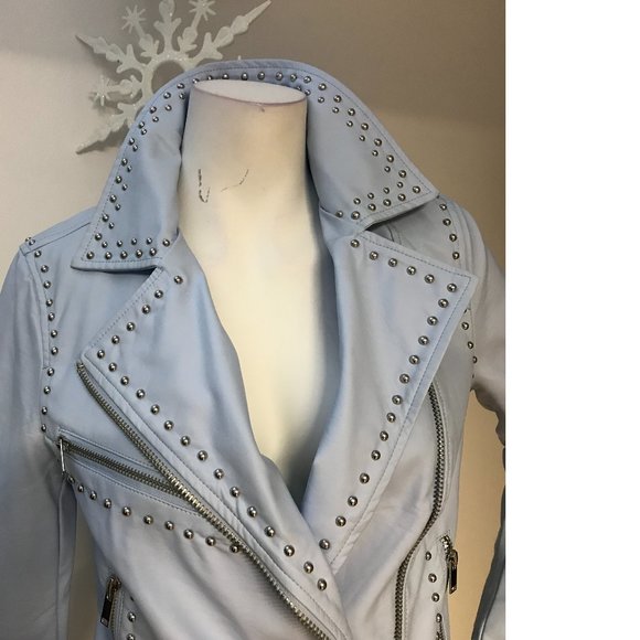 F21 SKY BABY BLUE vegan leather studded biker moto jacket coat blazer NWT - Picture 2 of 13